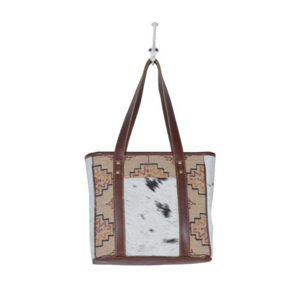 Myra Bag Handmade Sculptural Tote Bag Upcycled Canvas & Cowhide Leather - Picture 4 of 7